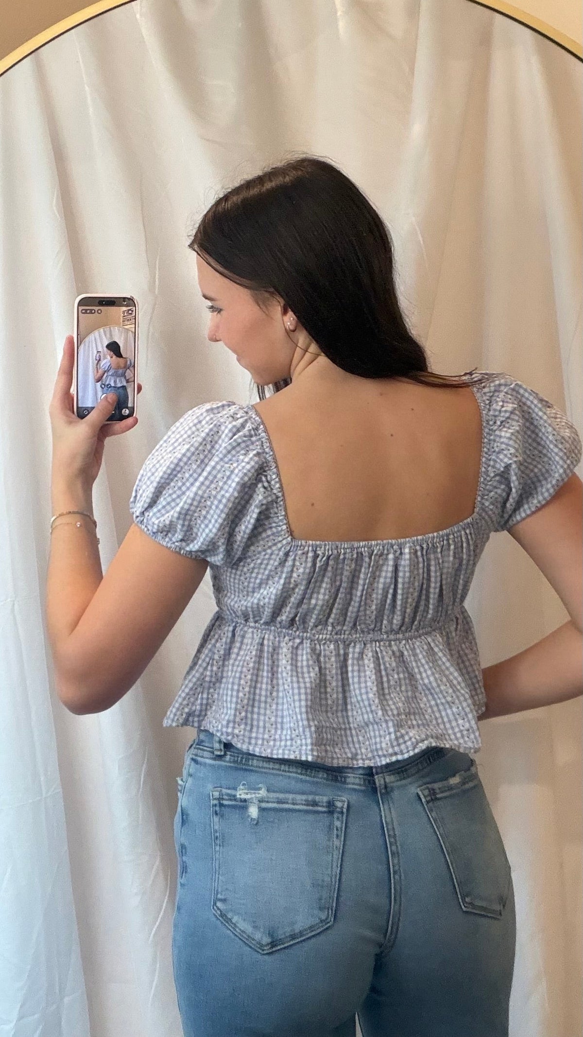 Blue Gingham Cropped Baby Doll Top