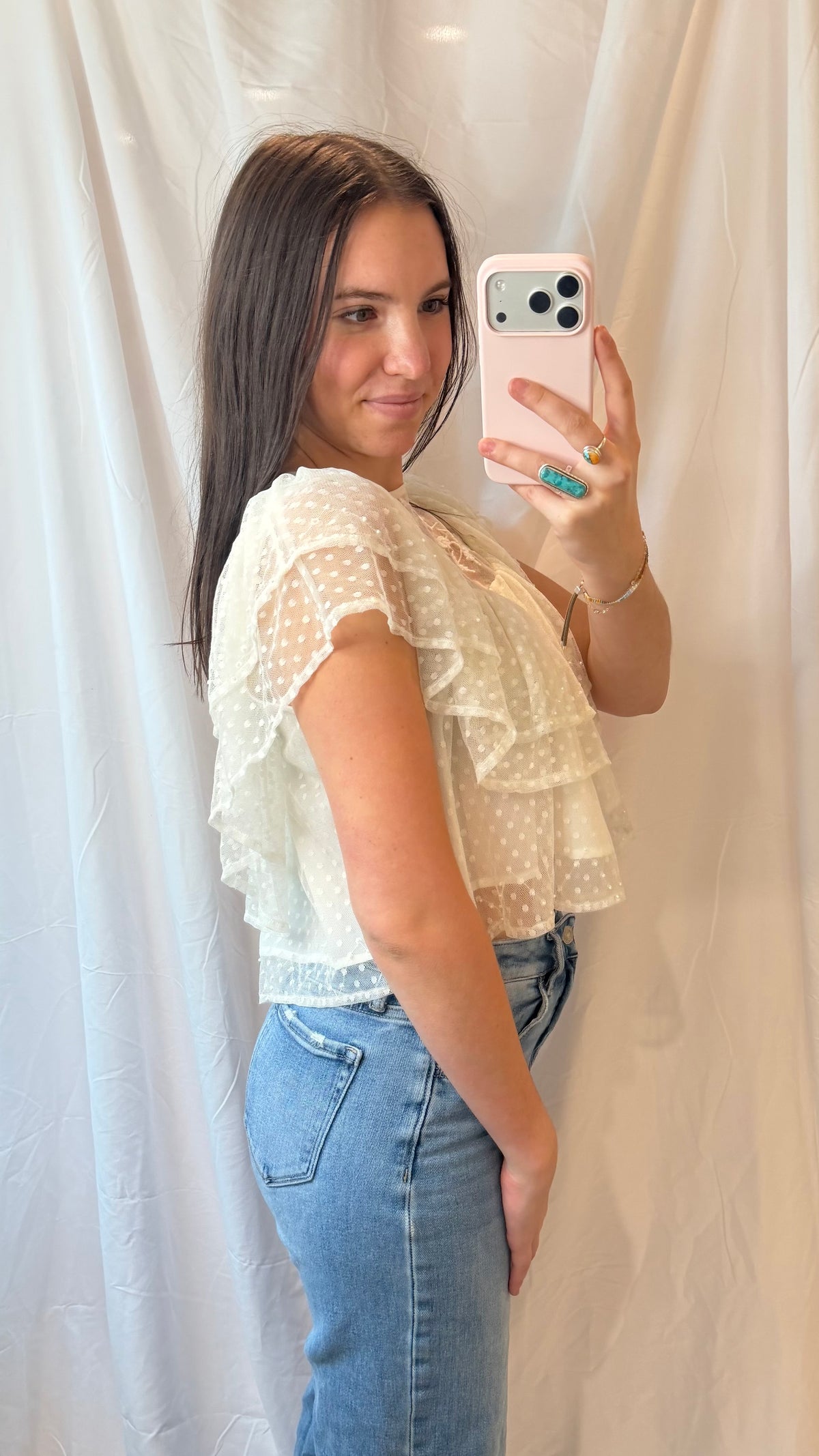 White Embroidered Layered Polka Dot Top