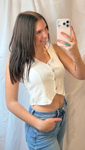 White Linen Blend Button-Up Cropped Vest