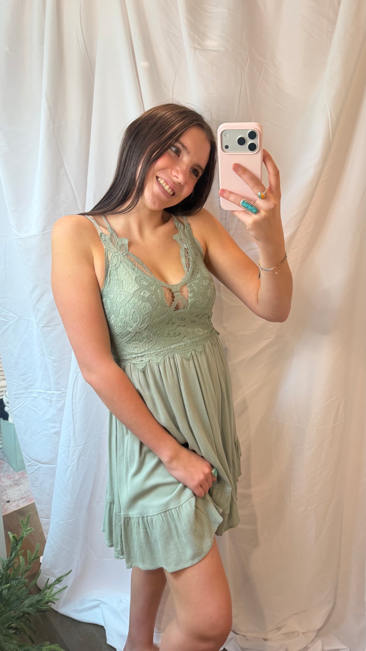 Sage Green Lace-Detail Dress