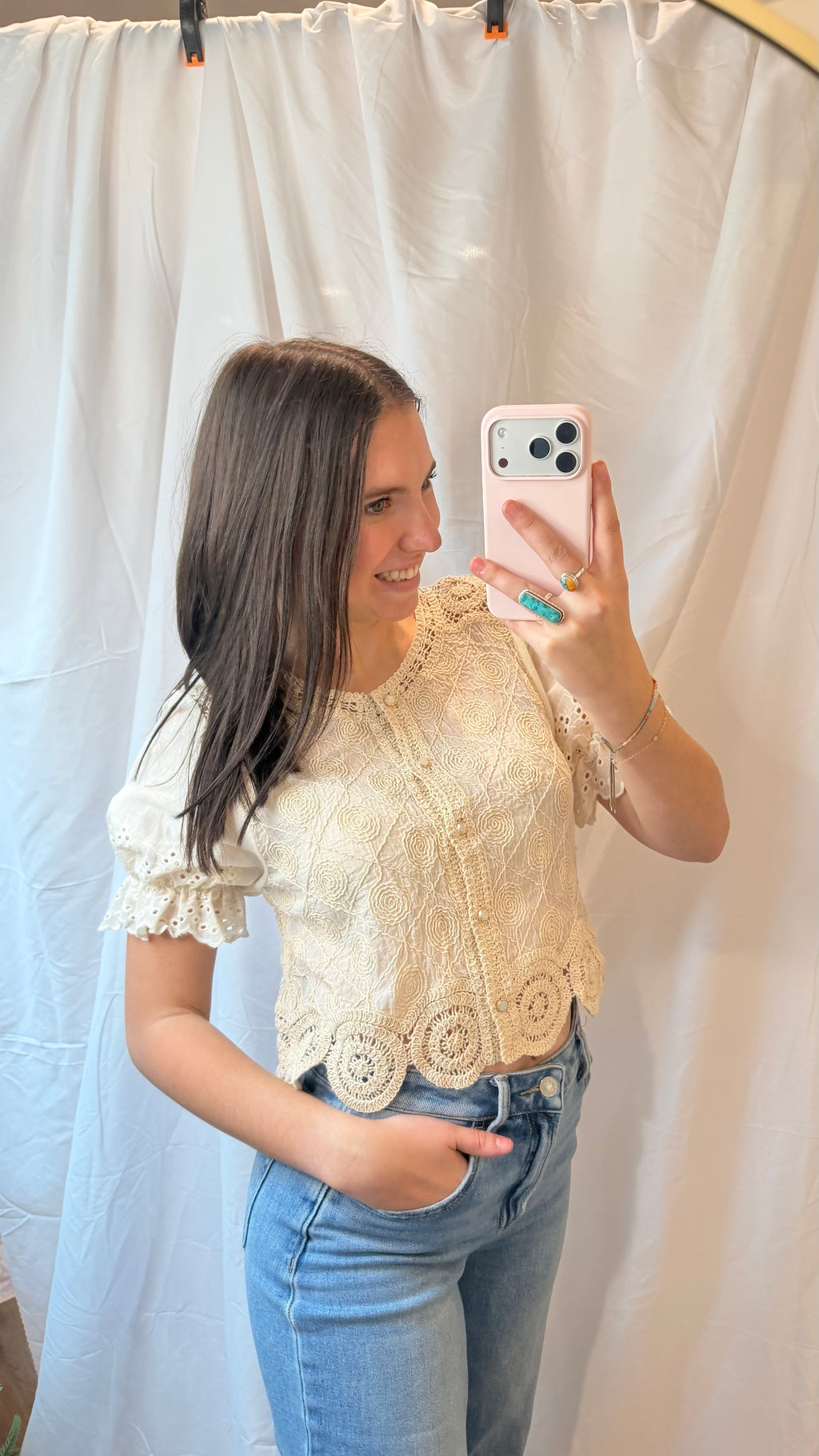 Off-White Crochet Puff Sleeve Top