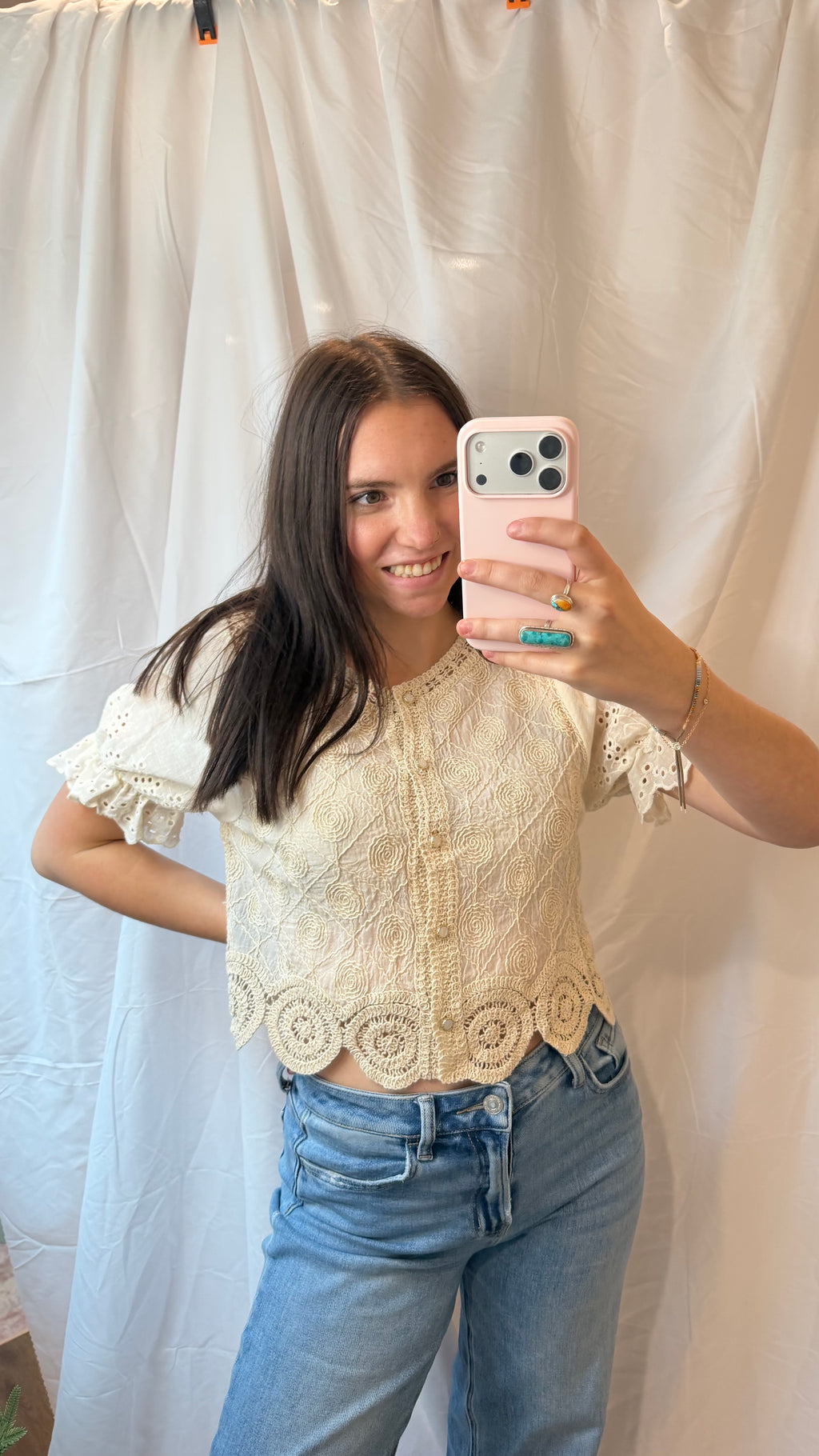 Off-White Crochet Puff Sleeve Top