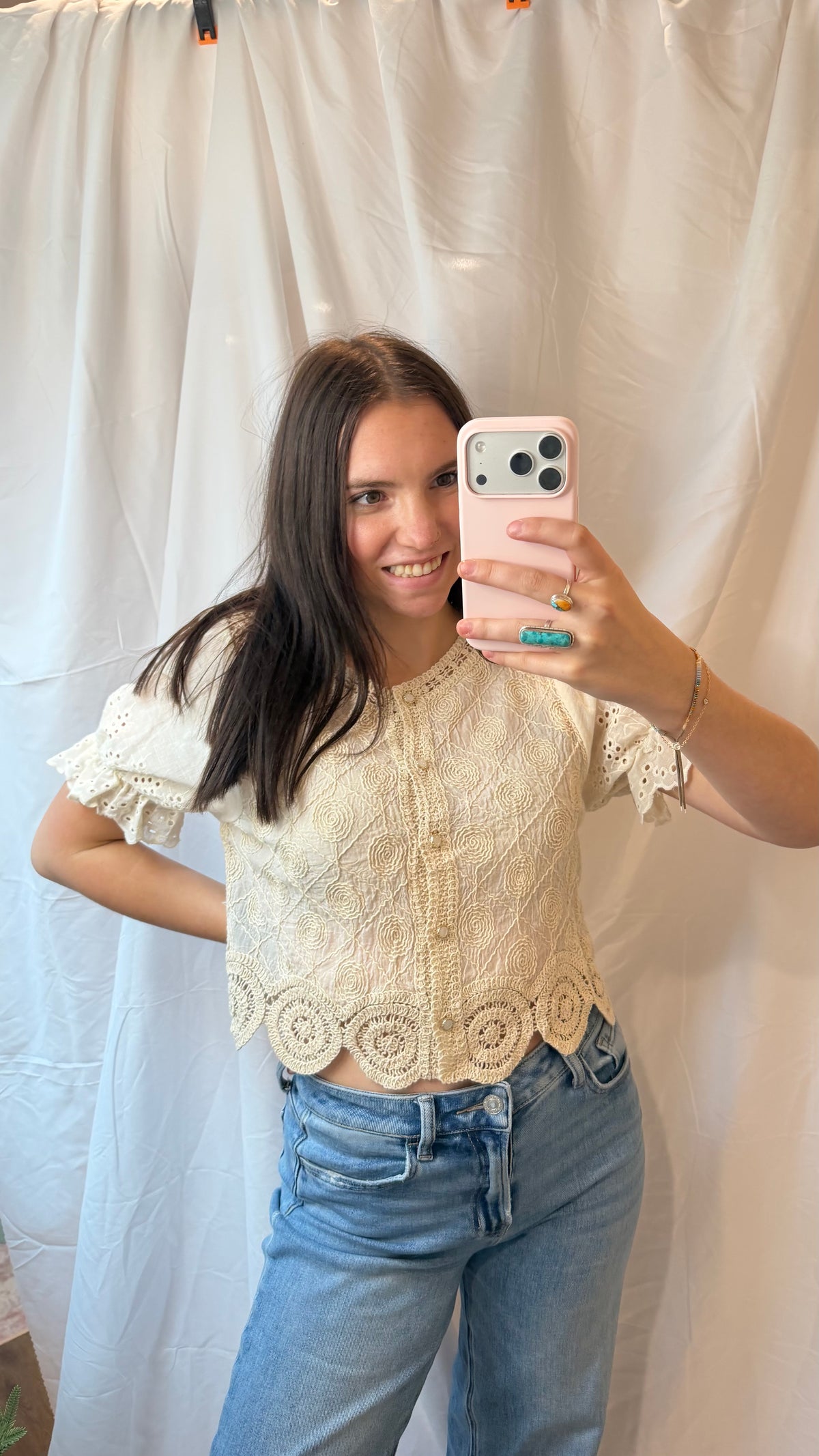 Off-White Crochet Puff Sleeve Top
