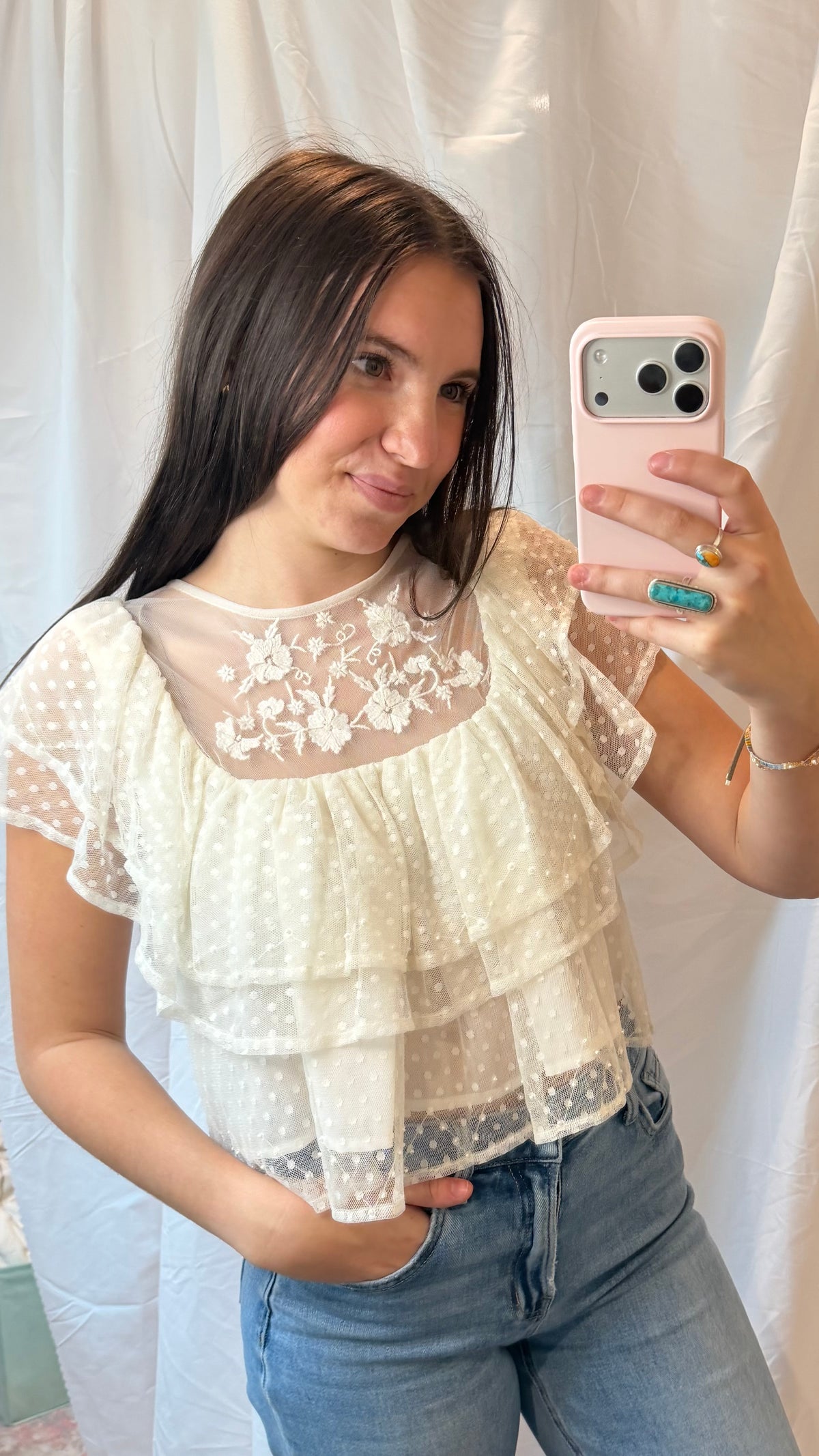 White Embroidered Layered Polka Dot Top