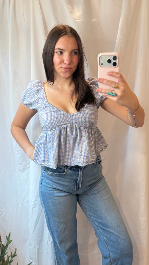 Blue Gingham Cropped Baby Doll Top