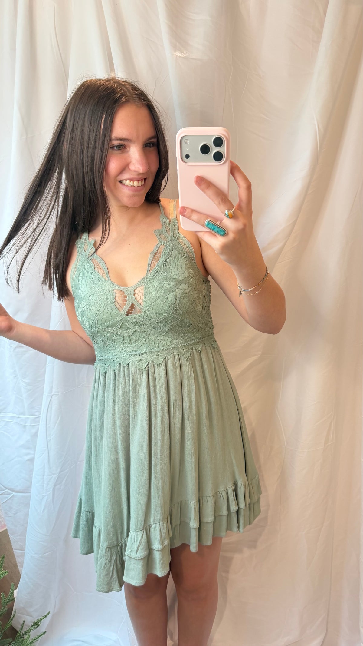 Sage Green Lace-Detail Dress