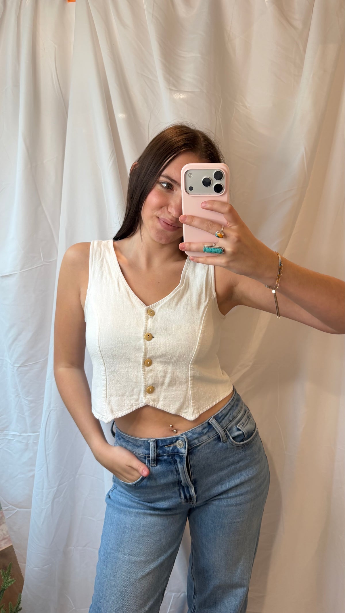 White Linen Blend Button-Up Cropped Vest